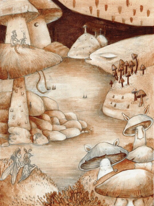 Рисунок под названием "Grotte des champign…" - Fleur Claireux, Подлинное произведение искусства, Карандаш Установлен на карт…