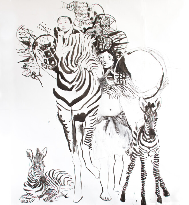 Tekening getiteld "Zebra Girl and Child" door Fleur Elise Noble, Origineel Kunstwerk, Inkt