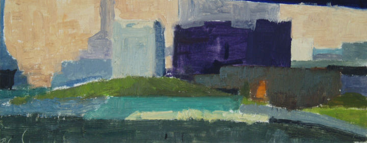 Schilderij getiteld "Sunset Buildings" door Fleur Elise Noble, Origineel Kunstwerk, Olie