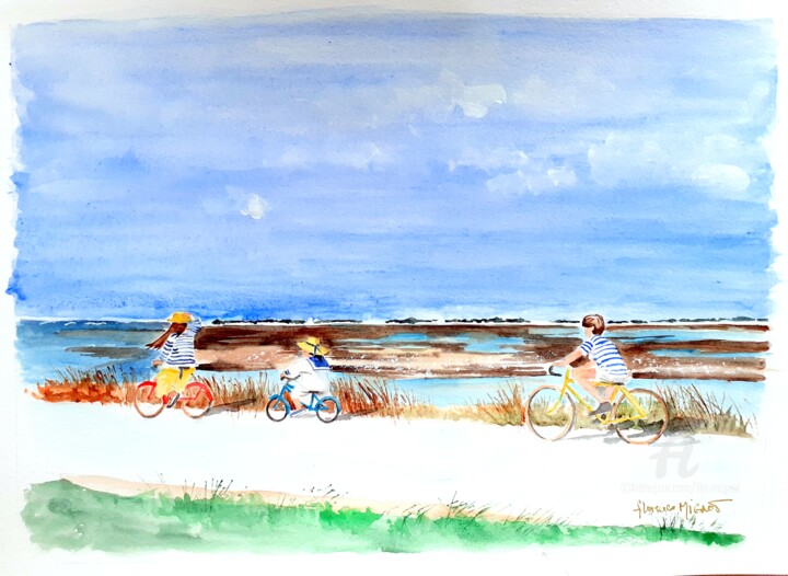 「Ile de Ré en vélo」というタイトルの絵画 Florence Mignotによって, オリジナルのアートワーク, 水彩画