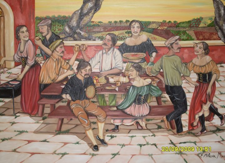 Painting titled "Cena sull'aia" by Artemimi', Original Artwork