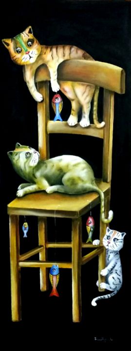 Painting titled "Giochi di gatti" by Flora Palumbo, Original Artwork, Oil