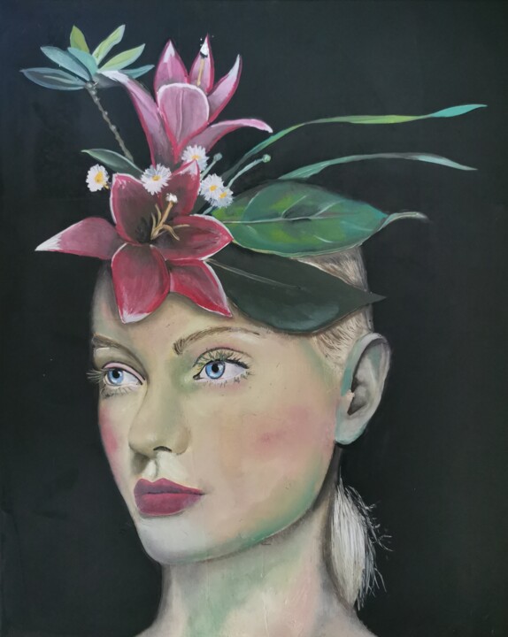 Painting titled "Femme végétale 2" by Flore Betty, Original Artwork, Oil Mounted on Wood Stretcher frame