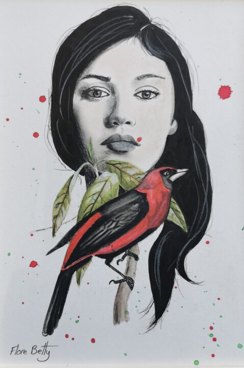 Peinture intitulée "Portrait à l'oiseau" par Flore Betty, Œuvre d'art originale, Aquarelle Monté sur Plexiglas