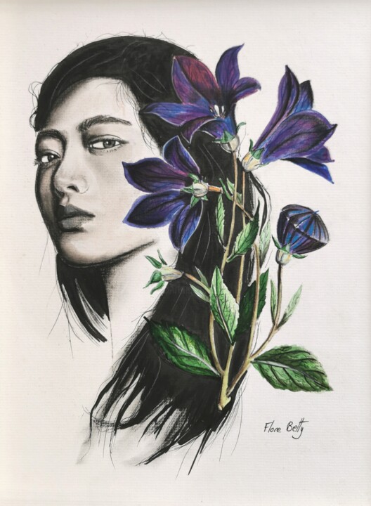 Peinture intitulée "Portrait aux fleurs…" par Flore Betty, Œuvre d'art originale, Aquarelle Monté sur Plexiglas