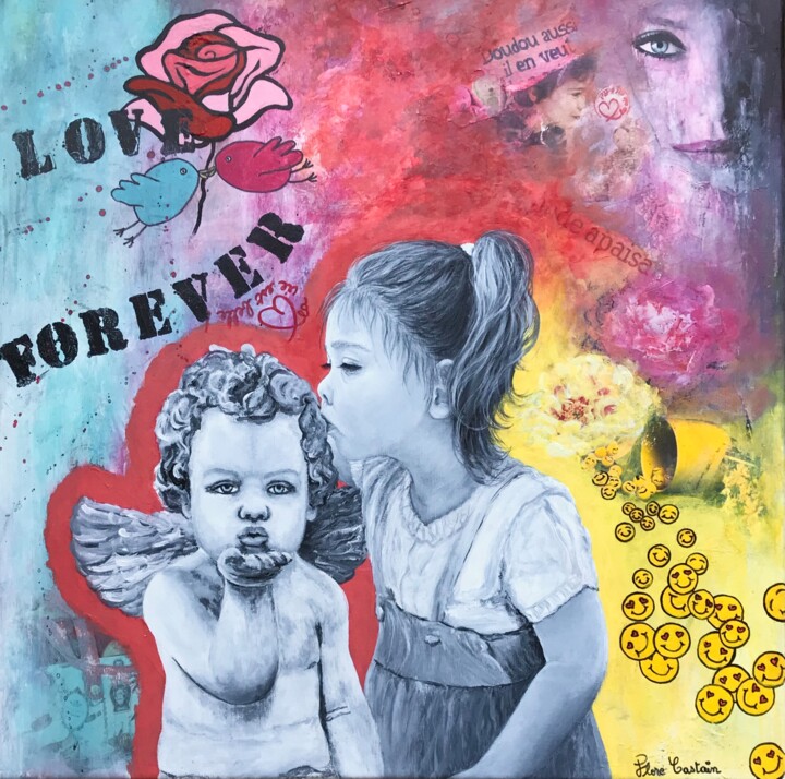 Malerei mit dem Titel "LOVE FOREVER" von Flore Castain, Original-Kunstwerk, Acryl Auf artwork_cat. montiert