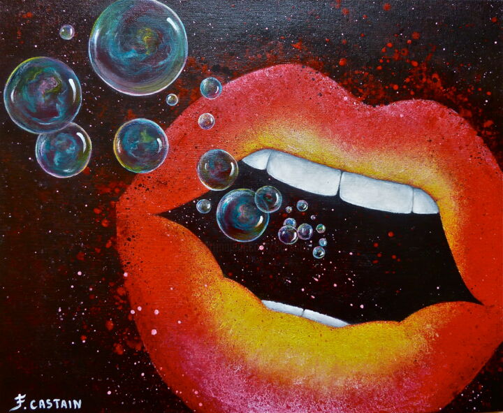 Painting titled ""BAL-BULLES-TIEMENT…" by Flore Castain, Original Artwork, Acrylic Mounted on Wood Stretcher frame