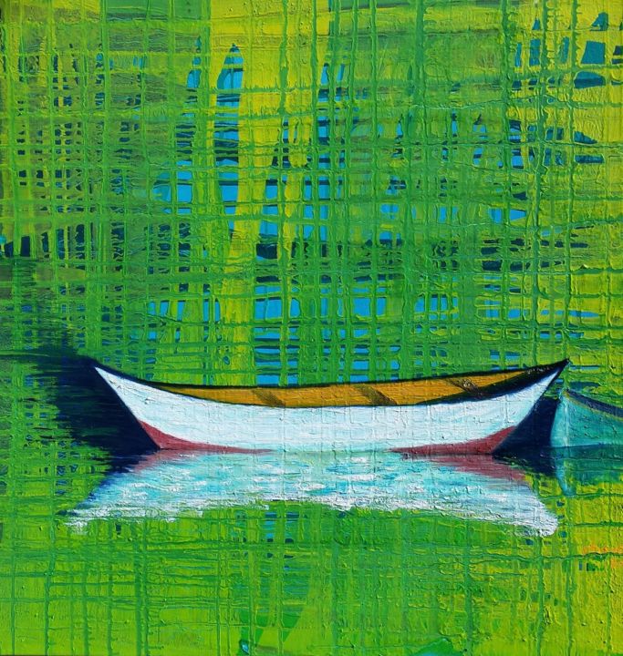 Peinture intitulée "reflets-de-barques" par Florence Dunet-Paquet, Œuvre d'art originale, Huile