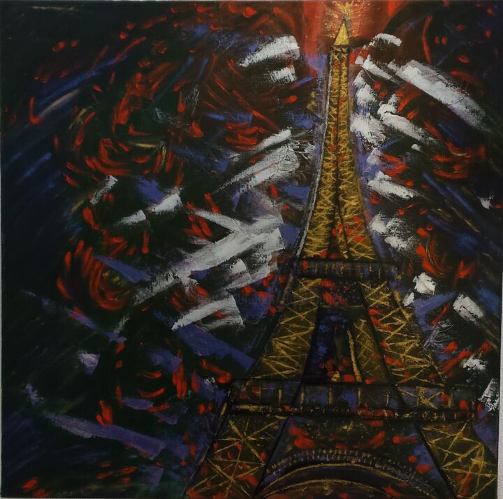 Painting titled "La Tour Eiffel" by Florence Dunet-Paquet, Original Artwork, Oil Mounted on Wood Stretcher frame