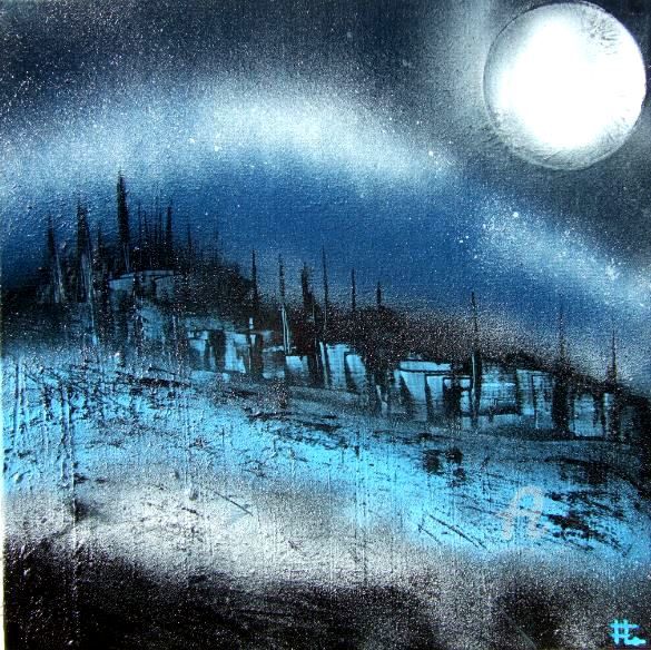 Malerei mit dem Titel "ville fantôme" von Flo Art Abstrait, Original-Kunstwerk