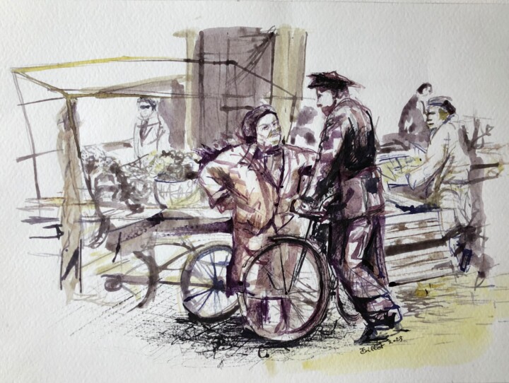 Pittura intitolato "Le marché" da Florence Gillot, Opera d'arte originale, Inchiostro