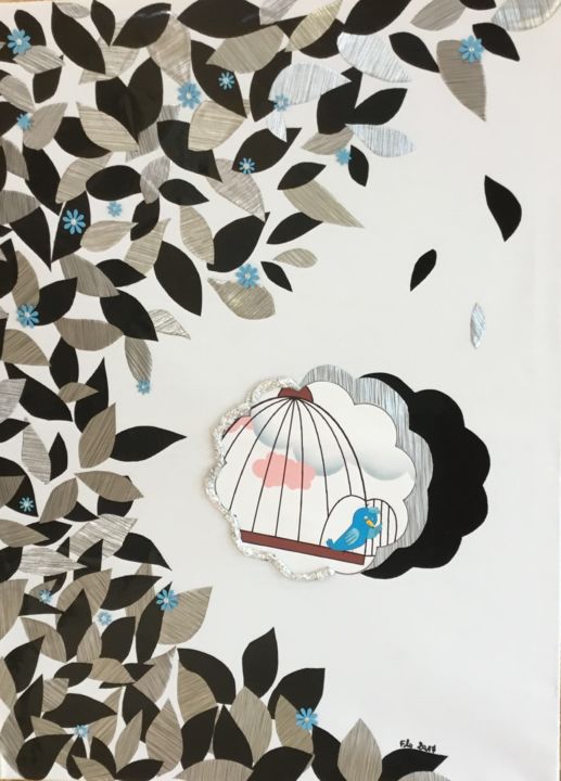 Collages titled "oiseau bleu en cage…" by Flo, Original Artwork, Collages