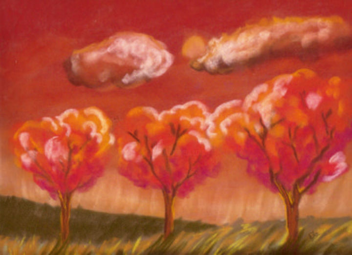 Dessin intitulée "Arbres en automne" par Flo, Œuvre d'art originale, Conté