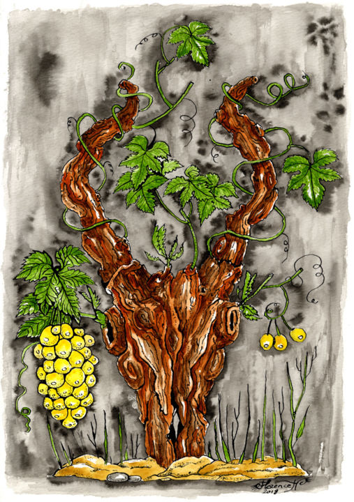 Рисунок под названием "Pied de vigne en Bu…" - Florence H, Подлинное произведение искусства, Акварель Установлен на картон