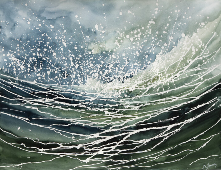Peinture intitulée "Tempête sur la côte…" par Florence Hernandez, Œuvre d'art originale, Aquarelle