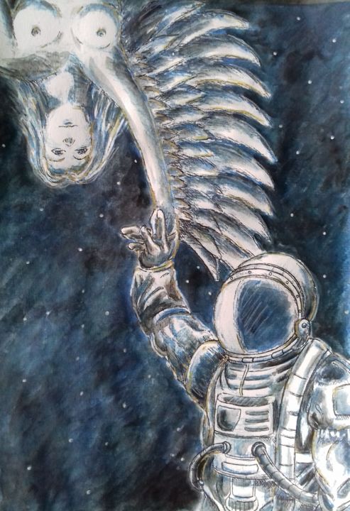 Dibujo titulada "The cosmonaut and t…" por Flo R, Obra de arte original