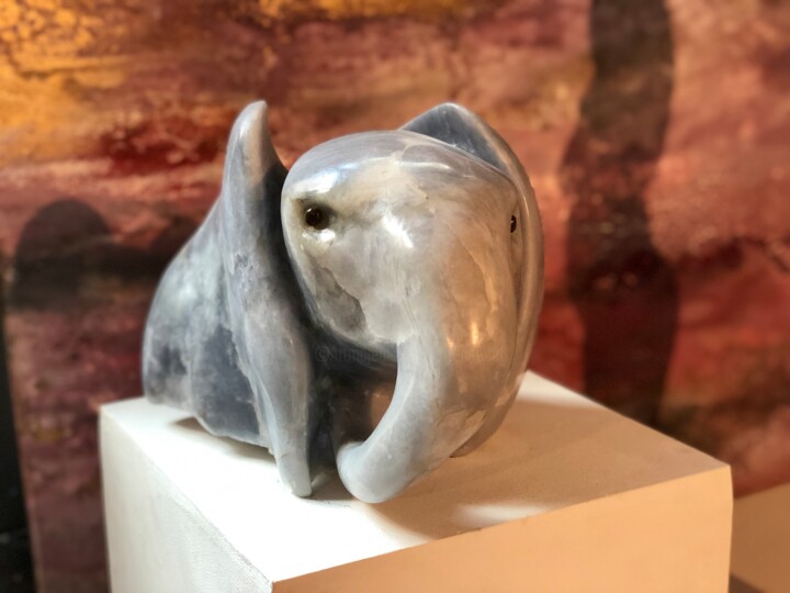 Sculpture titled "ELEPHANTEAU BLEU" by Florence   Duet, Original Artwork, Stone