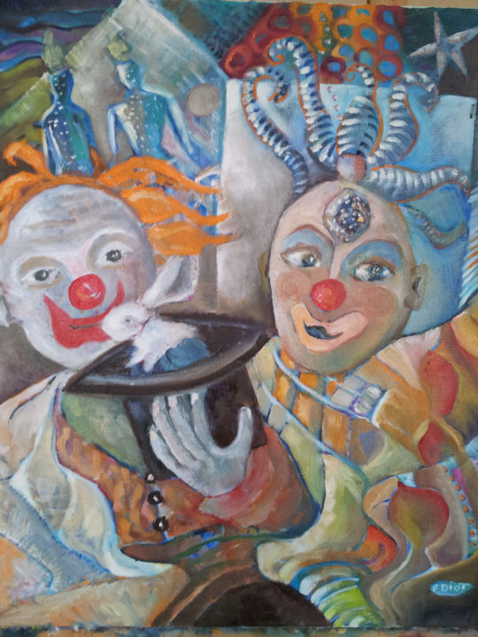 Malerei mit dem Titel "Le clown magicien" von Florence Diot, Original-Kunstwerk, Öl Auf Keilrahmen aus Holz montiert