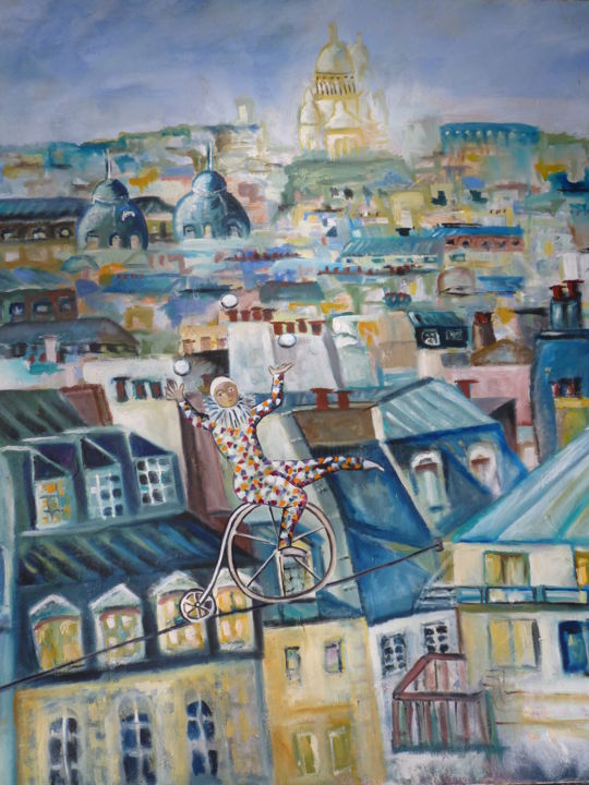 Painting titled "Equilibriste à Paris" by Florence Diot, Original Artwork, Oil