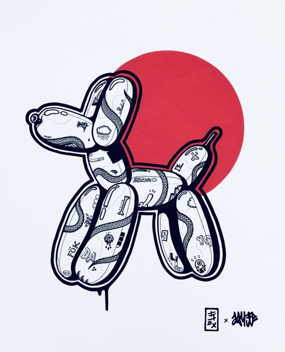 Disegno intitolato "Dog Balloon 1" da Flox Lamil, Opera d'arte originale, Pennarello