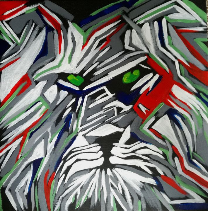 Painting titled "Green eye lion" by Florentina Trifan, Original Artwork, Acrylic