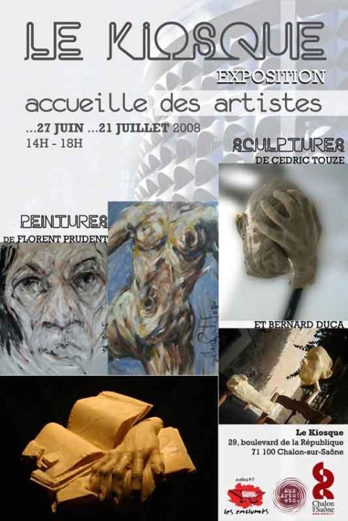 affiche Florent Prudent, Cédric Touzé, Bernard Duca, peintures, sculptures, kiosque, chalon, aux arts etc, les enclumés