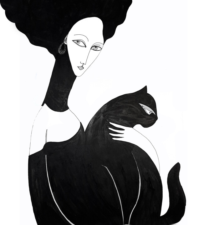 Disegno intitolato "Dame au chat" da Florette F, Opera d'arte originale, Inchiostro