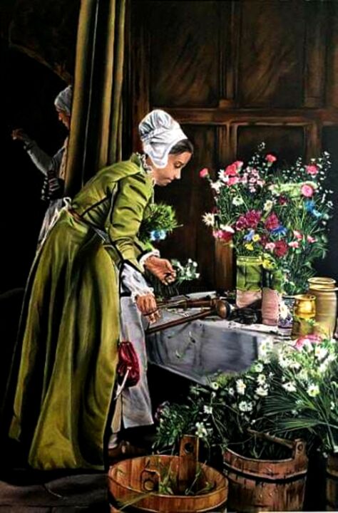 Painting titled "The flower girl" by Florian Wagner, Original Artwork, Oil