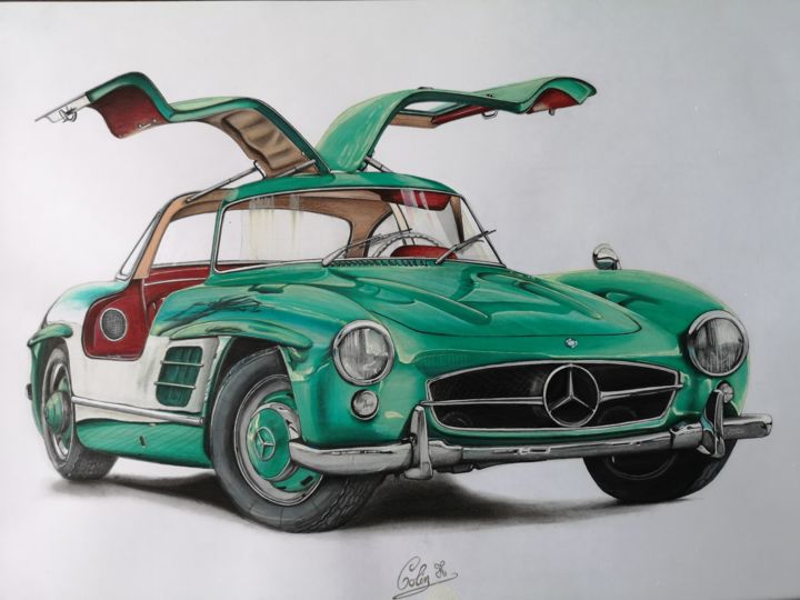 Dessin intitulée "Mercedes 300sl" par Florian Colin, Œuvre d'art originale, Marqueur