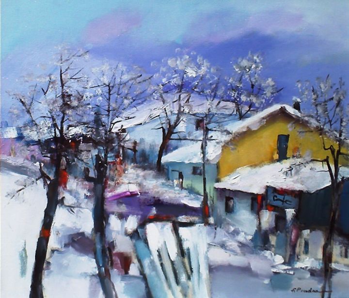 Painting titled "Winter on my street" by Florin Prodan, Original Artwork, Oil