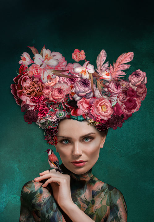 Digitale Kunst mit dem Titel "The Flower Girl" von Floris Daniele, Original-Kunstwerk, Fotomontage