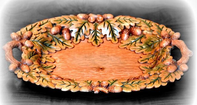 Sculpture titled "Tray with acorns" by Flory, Original Artwork, Wood