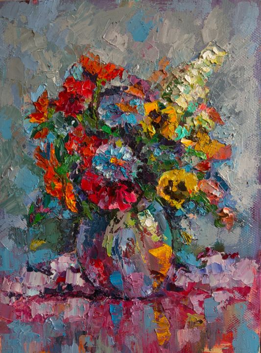 Schilderij getiteld "Букет цветов" door Liudmila Klykova, Origineel Kunstwerk, Olie