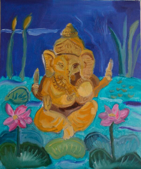 Painting titled "Ganesh nocturne" by Florence Maindrault, Original Artwork, Oil Mounted on Cardboard