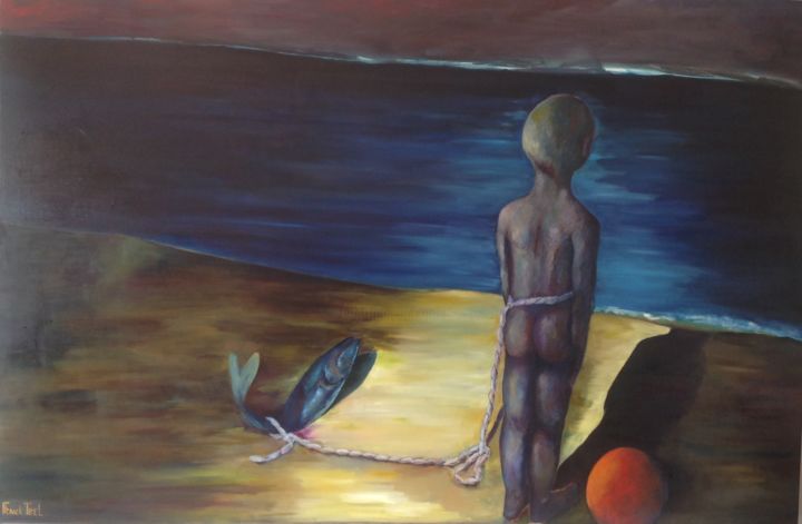 Painting titled "Sur la plage au cla…" by Franck Tirel, Original Artwork, Oil