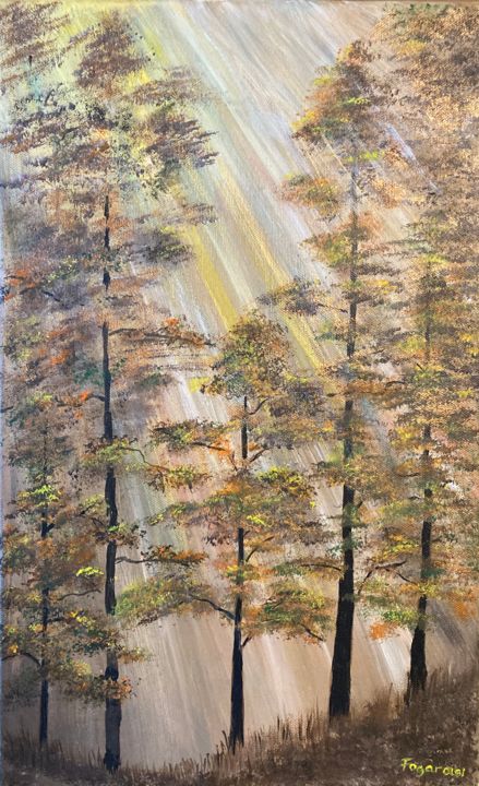 Painting titled "Misty Grove" by Fogarasi, Original Artwork, Acrylic Mounted on Wood Stretcher frame