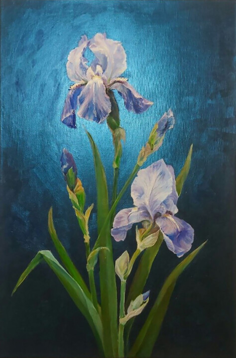 Painting titled "Night Iris" by Folia Menthae, Original Artwork, Oil Mounted on Wood Stretcher frame