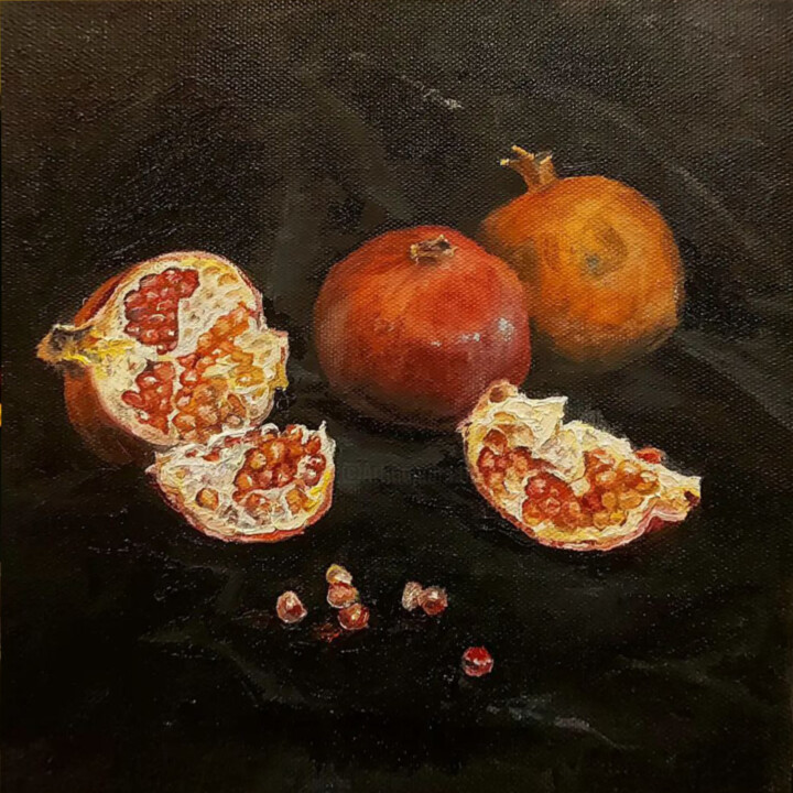 Painting titled "Three pomegranates" by Folia Menthae, Original Artwork, Oil Mounted on Wood Stretcher frame