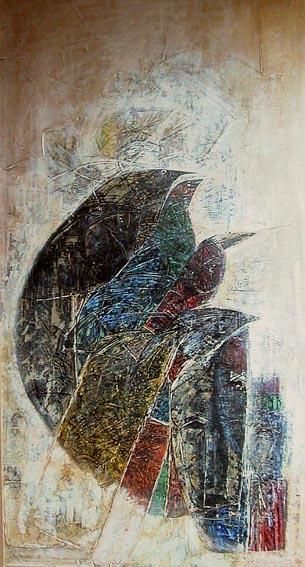 Peinture intitulée "Masks and birds" par Michel Maréchal, Œuvre d'art originale