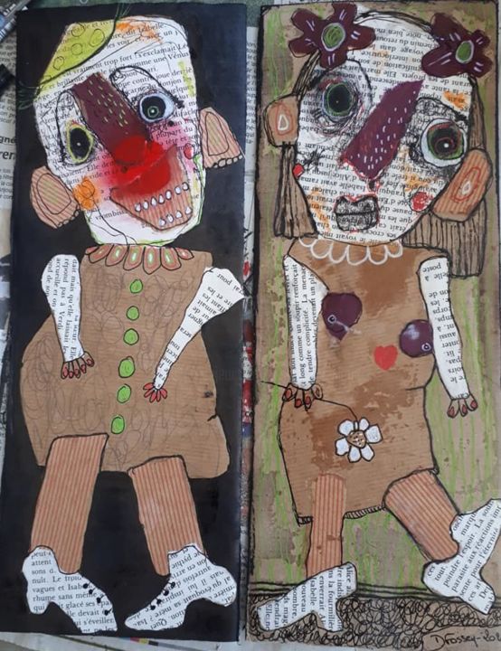 Collages intitulée ""Petit Clown est Am…" par Dominique Fossey, Œuvre d'art originale, Collages Monté sur Panneau de bois