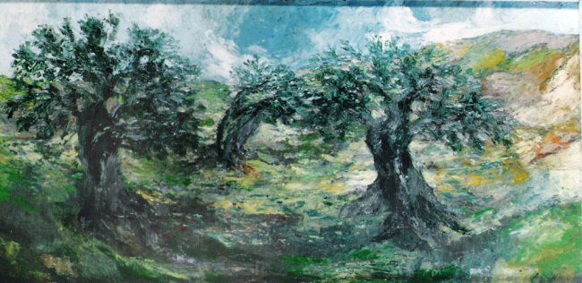 Malerei mit dem Titel "Olive grove" von Bernhard Lüttmer, Original-Kunstwerk, Öl