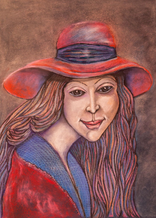 Tekening getiteld "kobieta w kapeluszu" door Jan Chmielowiec, Origineel Kunstwerk, Pastel