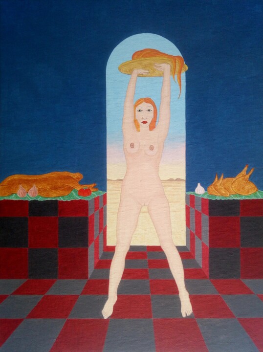 Malerei mit dem Titel "Salomé victorieuse" von Fouad Kortobi Francés, Original-Kunstwerk, Acryl Auf Andere starre Platte mon…