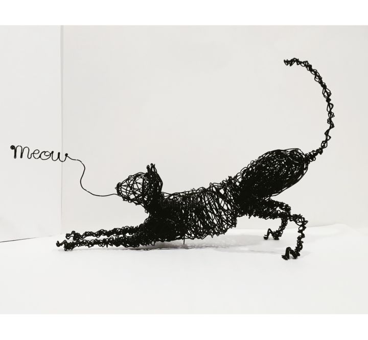 Sculpture intitulée "Cat (Meow)" par Fourat Jomni, Œuvre d'art originale, Fil de fer