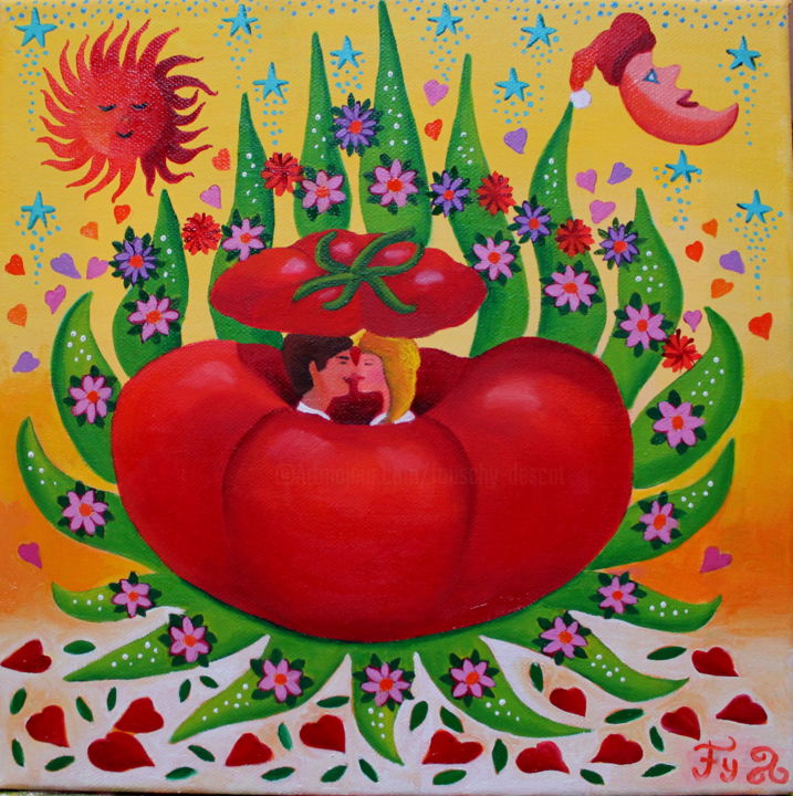 Painting titled "Tomate farcie" by Fouschy, Original Artwork, Oil Mounted on Wood Stretcher frame