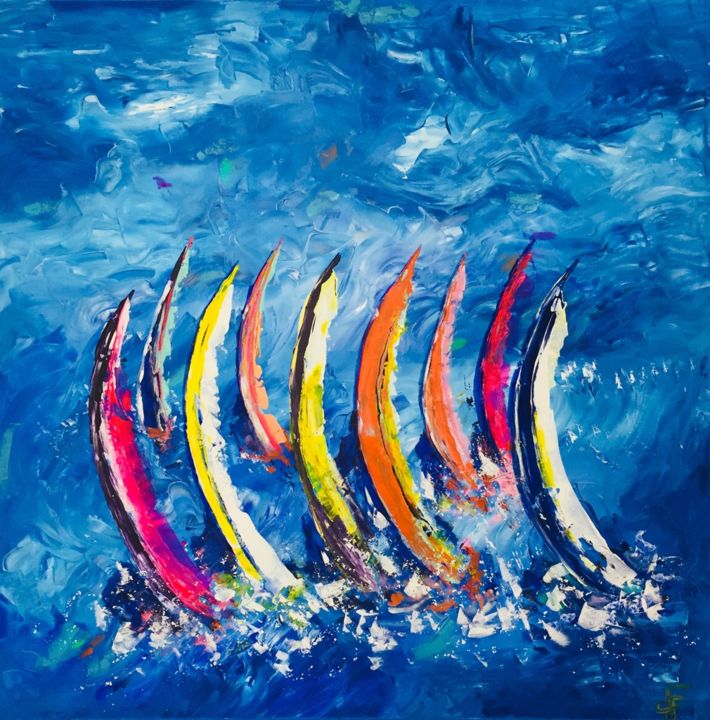 Peinture intitulée "Régates bleues" par Francesca F., Œuvre d'art originale, Acrylique