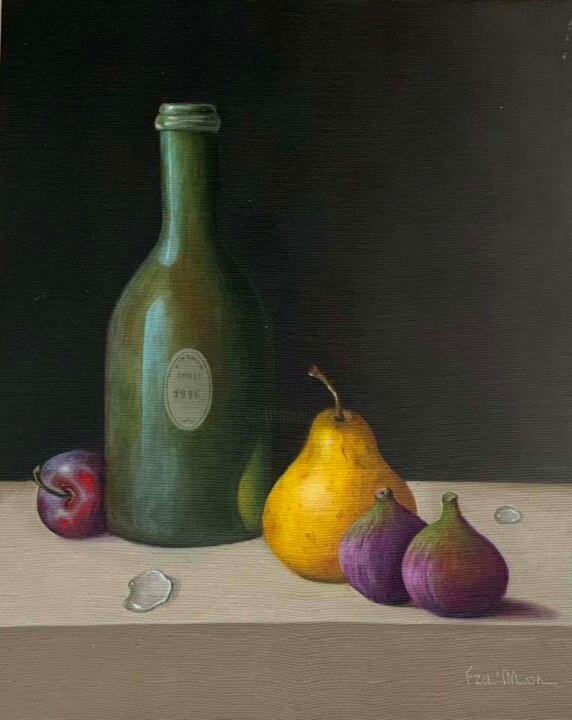 Peinture intitulée "UNE BOUTEILLE AVEC…" par France Mondello, Œuvre d'art originale, Huile