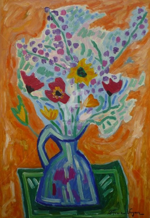 Painting titled "Bouquet sur fond or…" by France Wagner, Original Artwork, Oil
