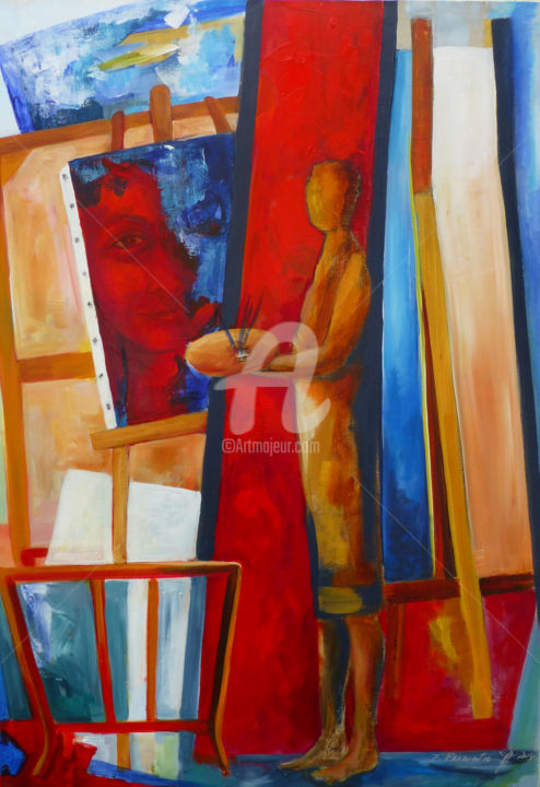 Painting titled "autoportrait-atelie…" by Francoise Parmentier, Original Artwork