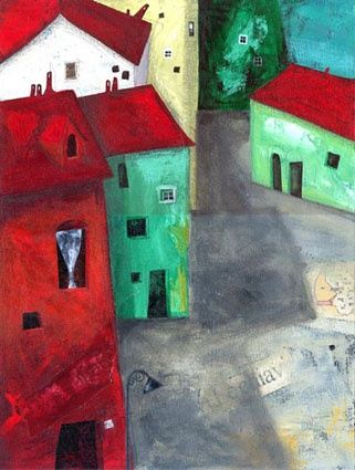 Pittura intitolato "La città dei tetti…" da Francesca Carabelli, Opera d'arte originale